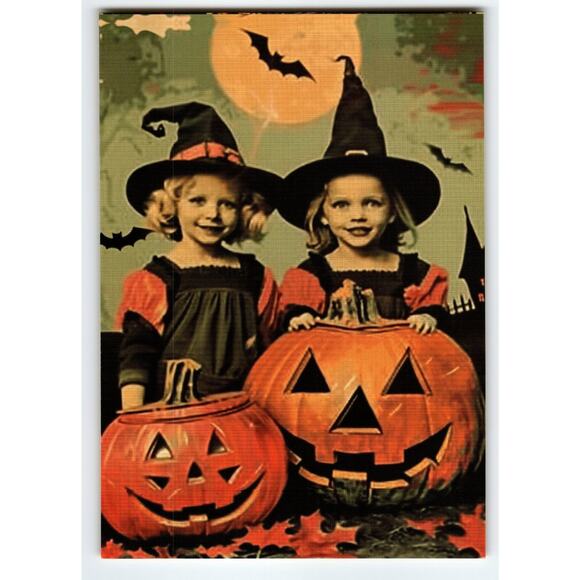 Vintage Halloween Postcard Two Girls with Jack O'Lanterns and Bats - Picture 1 of 2